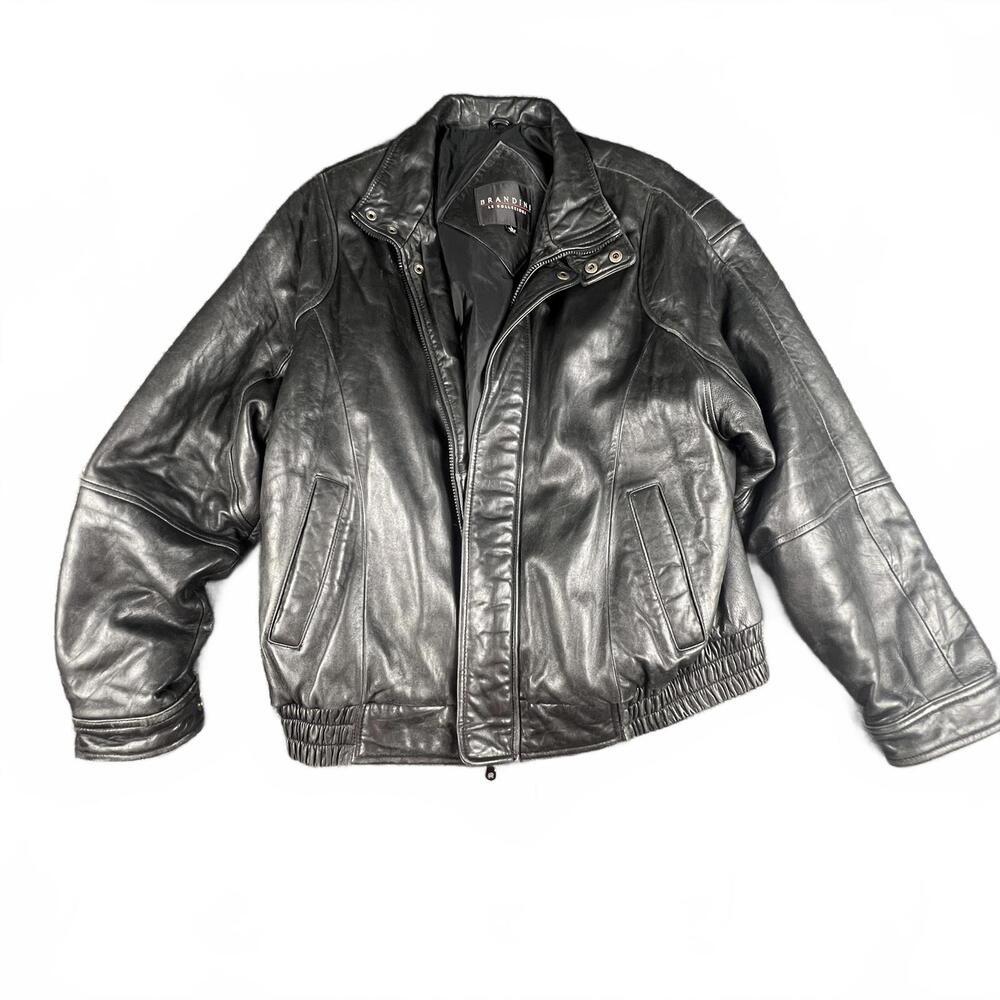 Brandini Le Collezioni Black Leather Jacket – Moto/Bomber Style – Size L